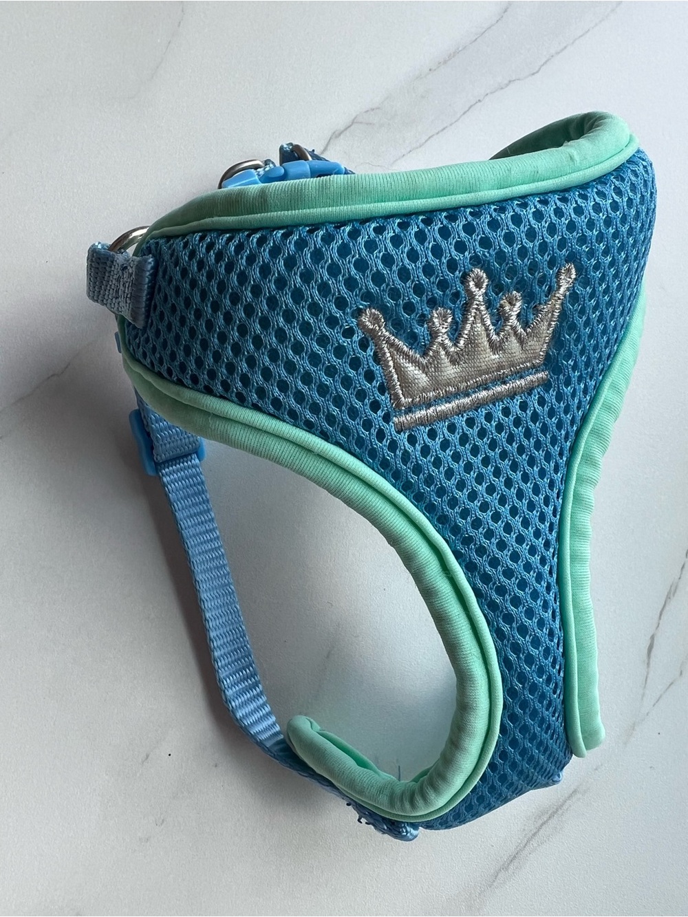 X-Small Dog Blue & Mint Mesh Harness with Crown Embroidery